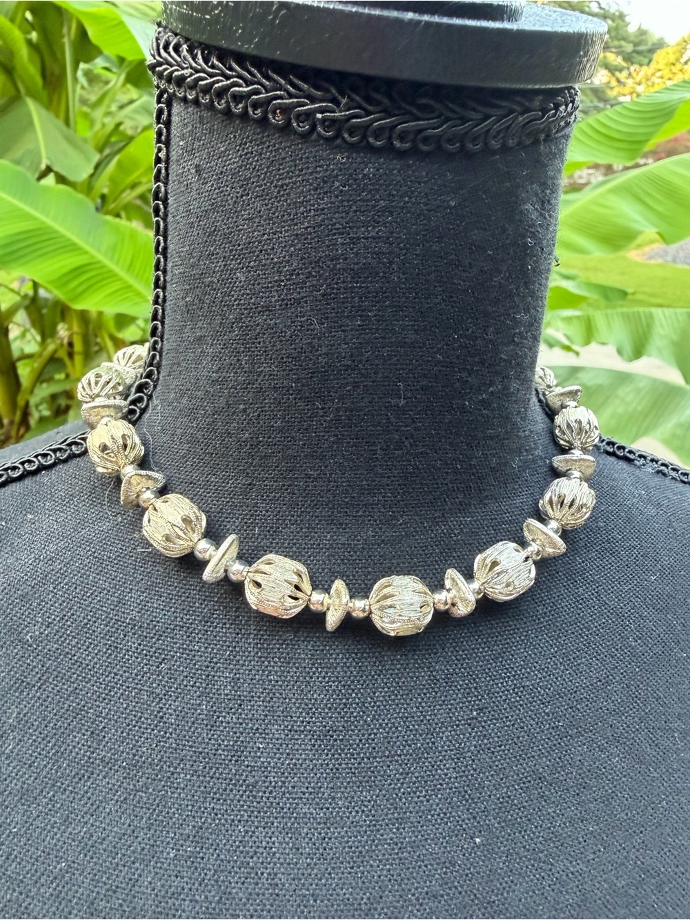 Vintage Silver Tone Filigree Cage Bead Collar Necklace - 15 inch Choker Length